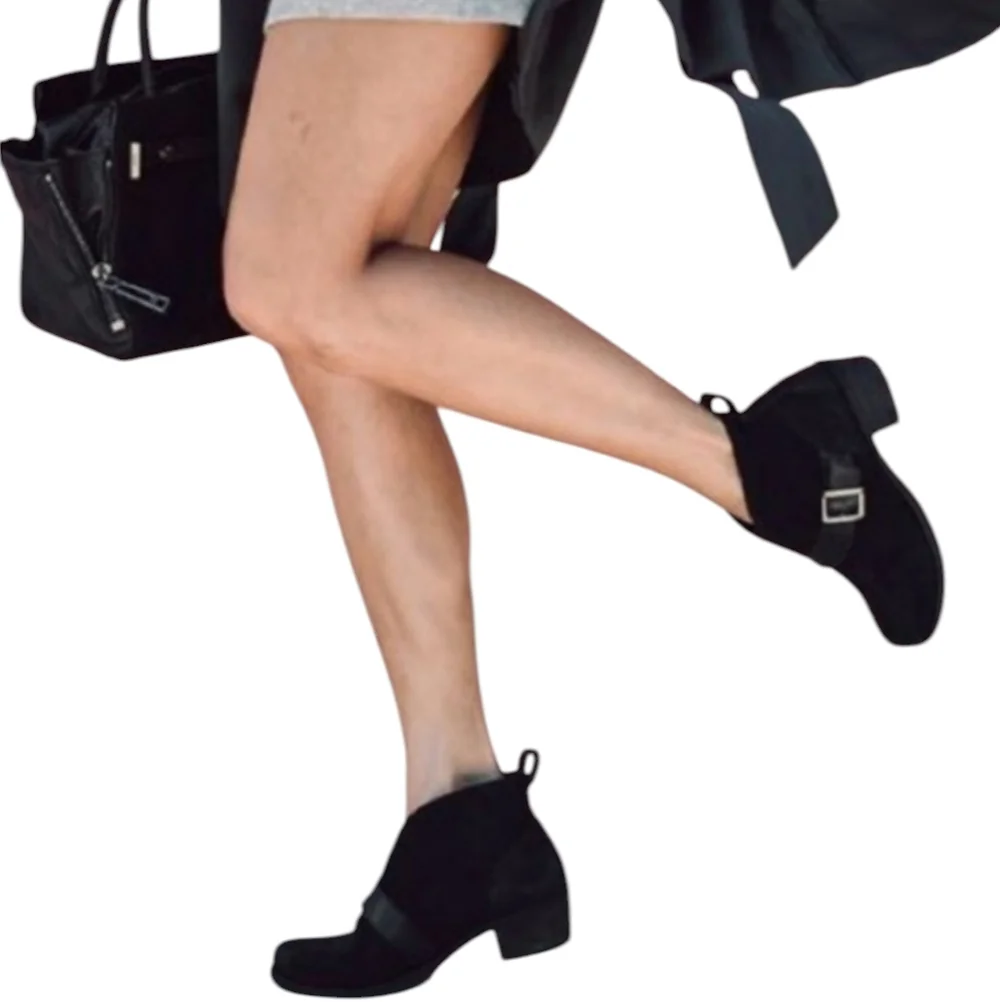 UGG Wright Ankle Boots Suede & Leather Belted Buckle Block Heel Pull On Black 8